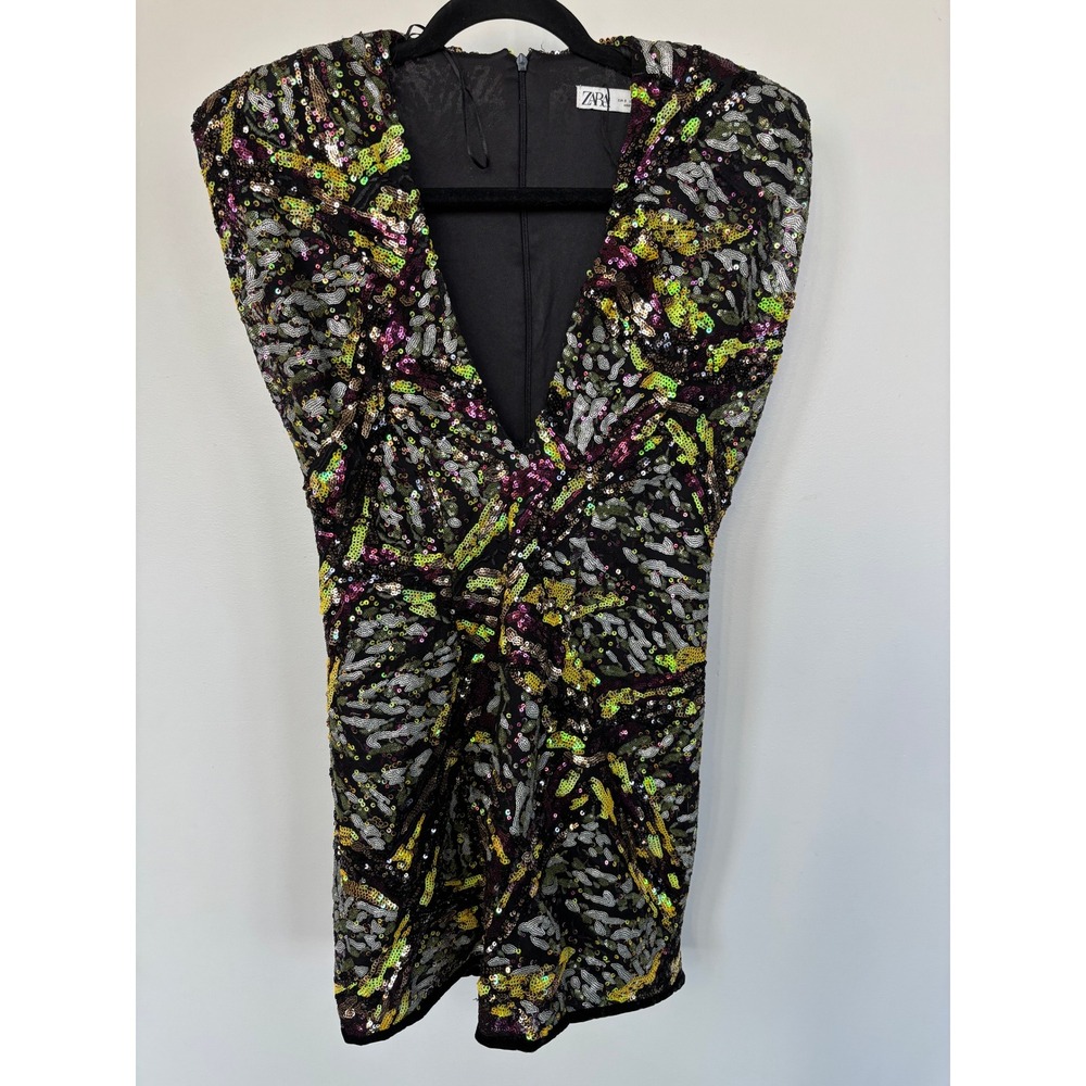Zara Sequin Mini Dress Deep V-Neck Sleeveless Multi Color Party Cocktail X-Small